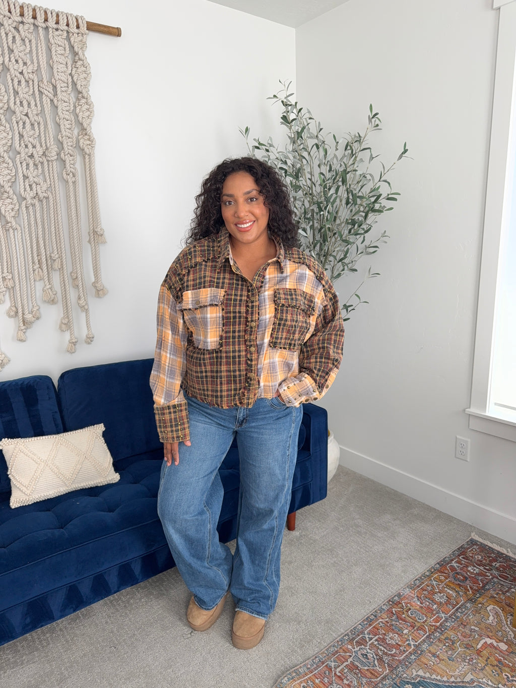 Oli & Hali mixed media flannel shacket with studs