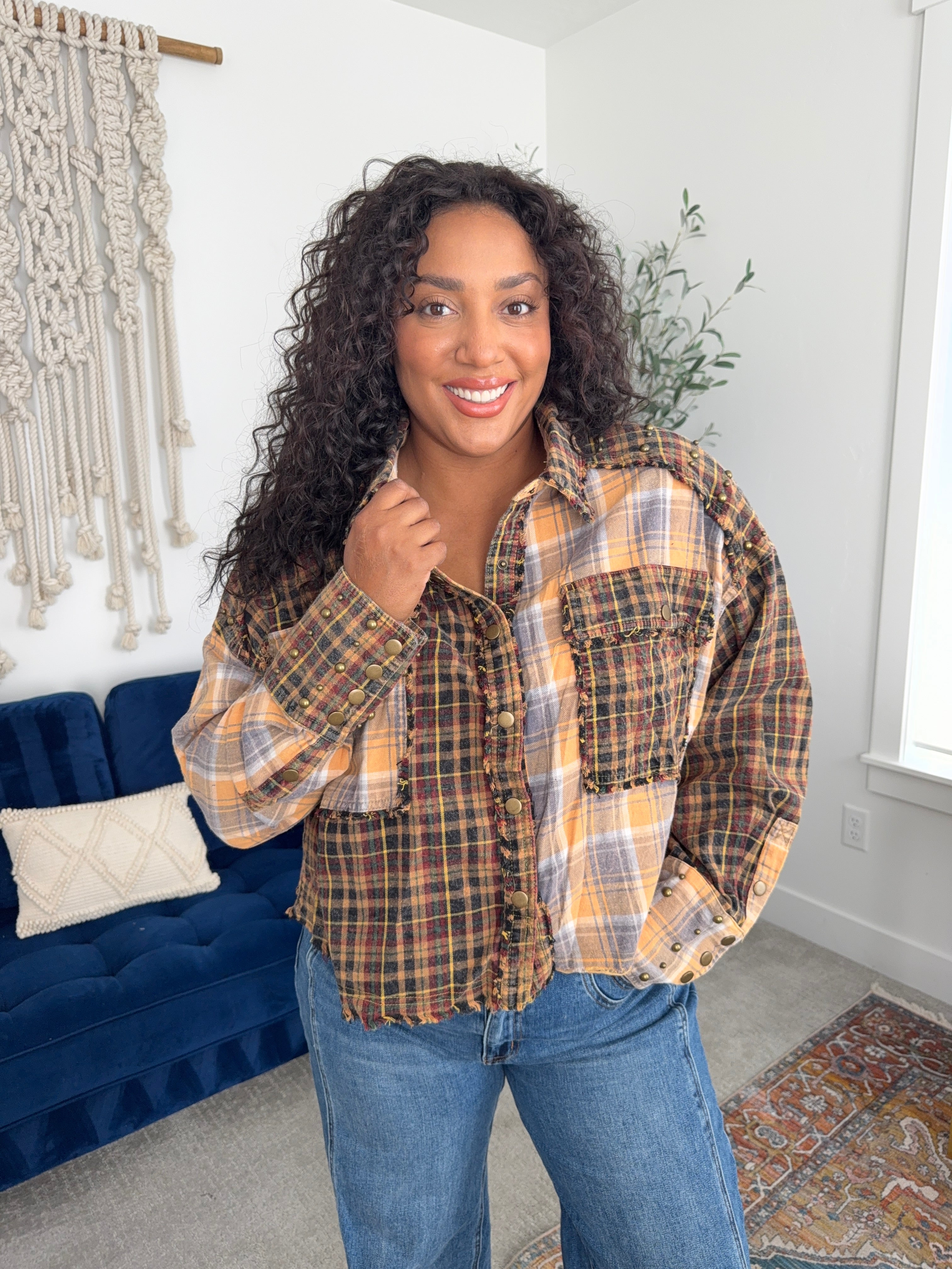 Oli & Hali mixed media flannel shacket with studs