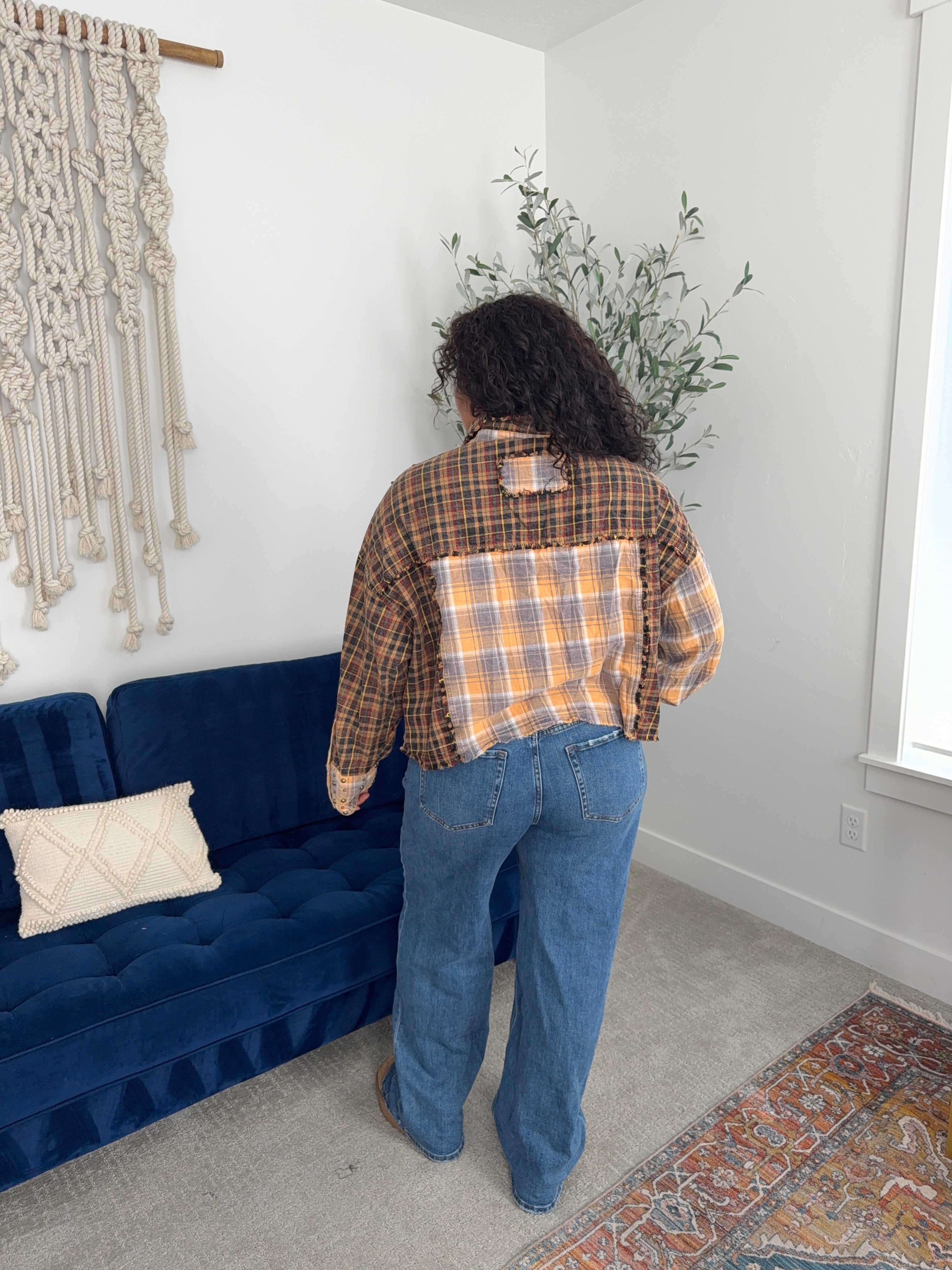 Oli & Hali mixed media flannel shacket with studs