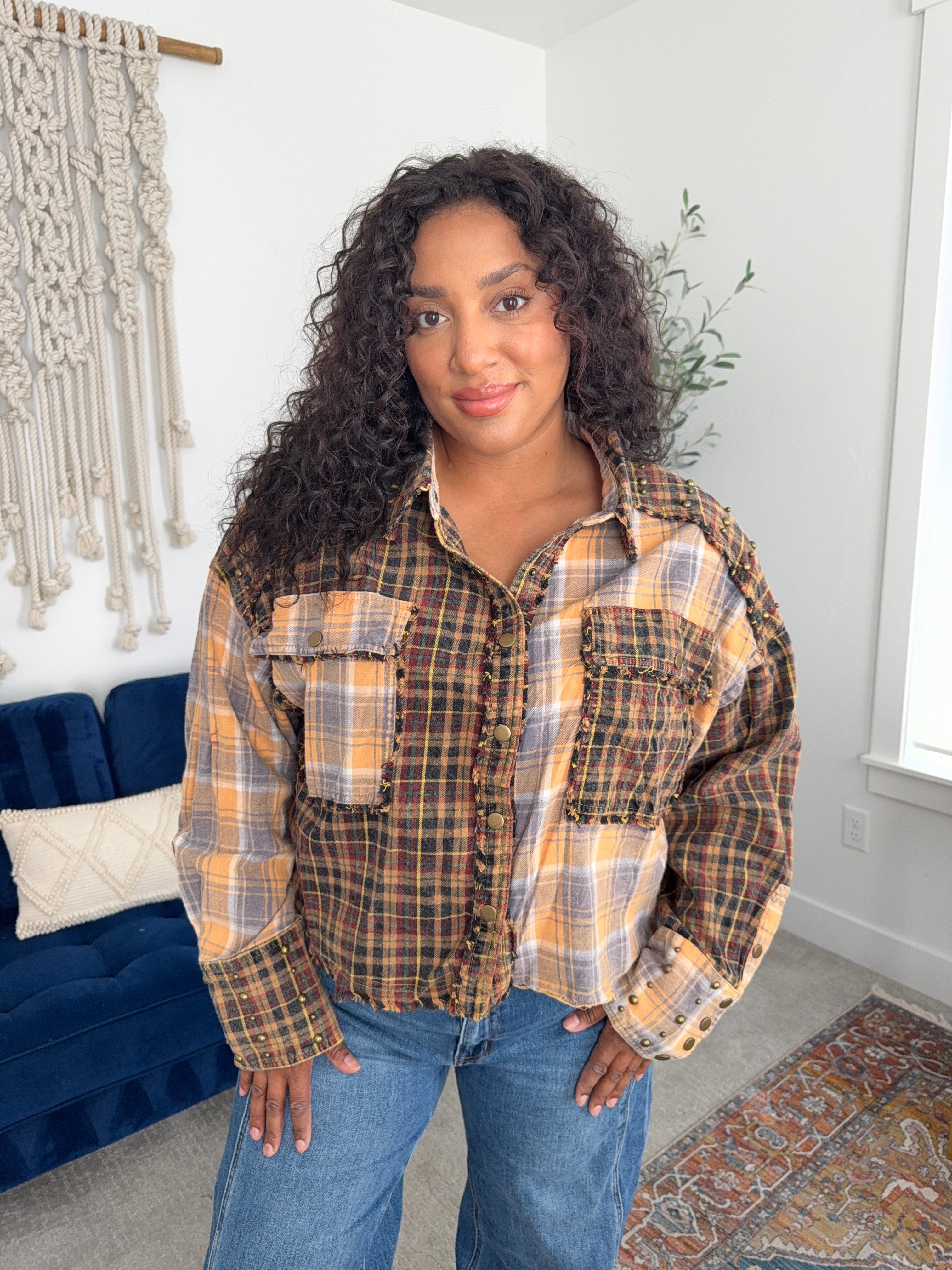 Oli & Hali mixed media flannel shacket with studs