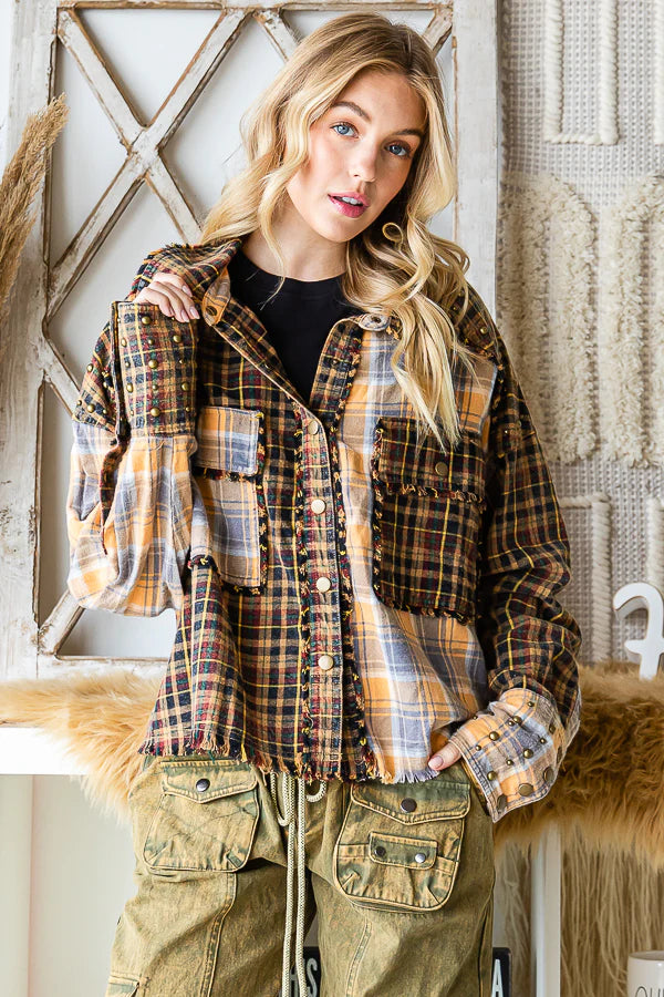 Oli & Hali mixed media flannel shacket with studs