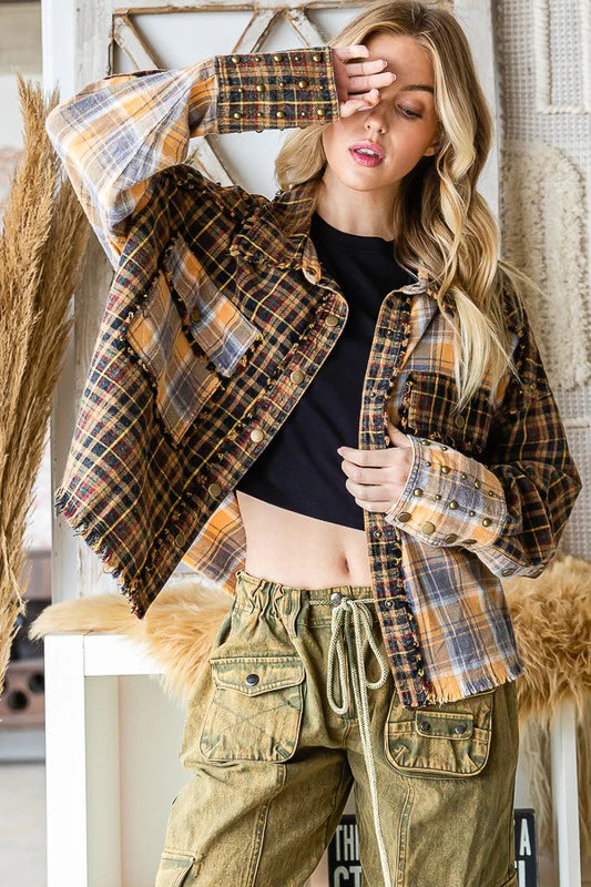 Oli & Hali mixed media flannel shacket with studs