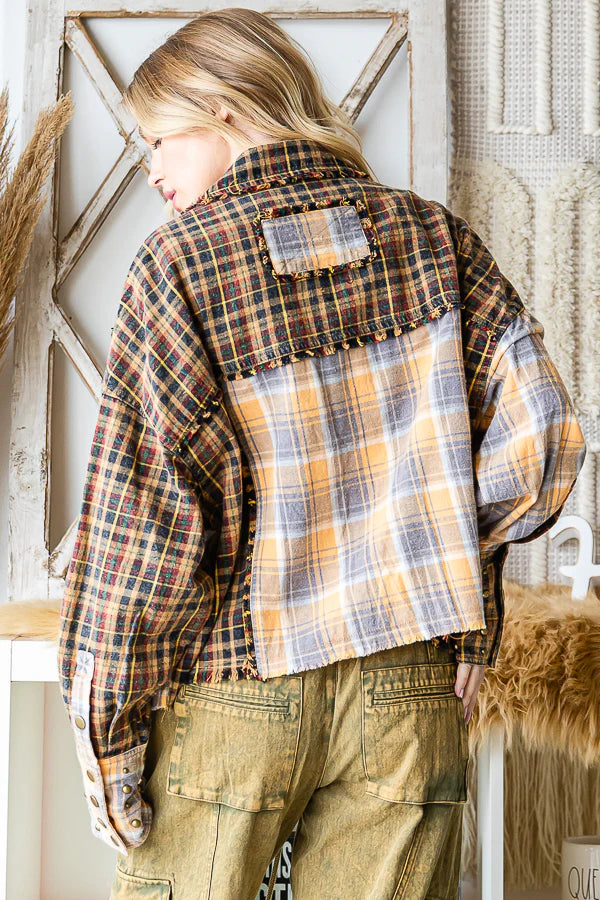 Oli & Hali mixed media flannel shacket with studs