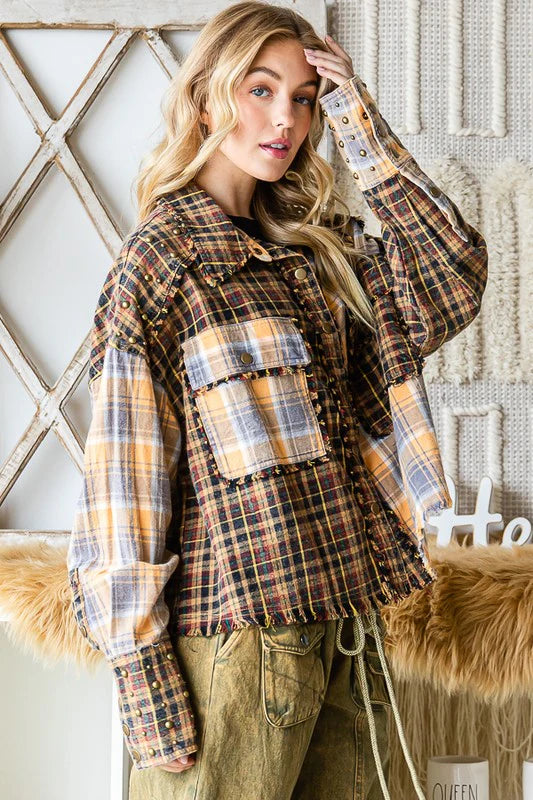 Oli & Hali mixed media flannel shacket with studs